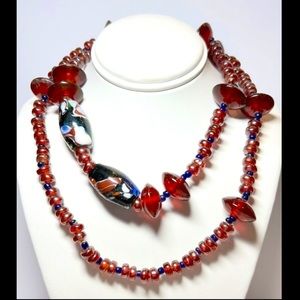 Rare Find Vintage Glass Iridescent Red Blue Black Design Beaded Necklace 6 Inch